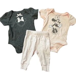 Newborn Baby Girl Outfit Set Of 3 Bodysuit Disney Minnie Mouse Pants Pink Gray